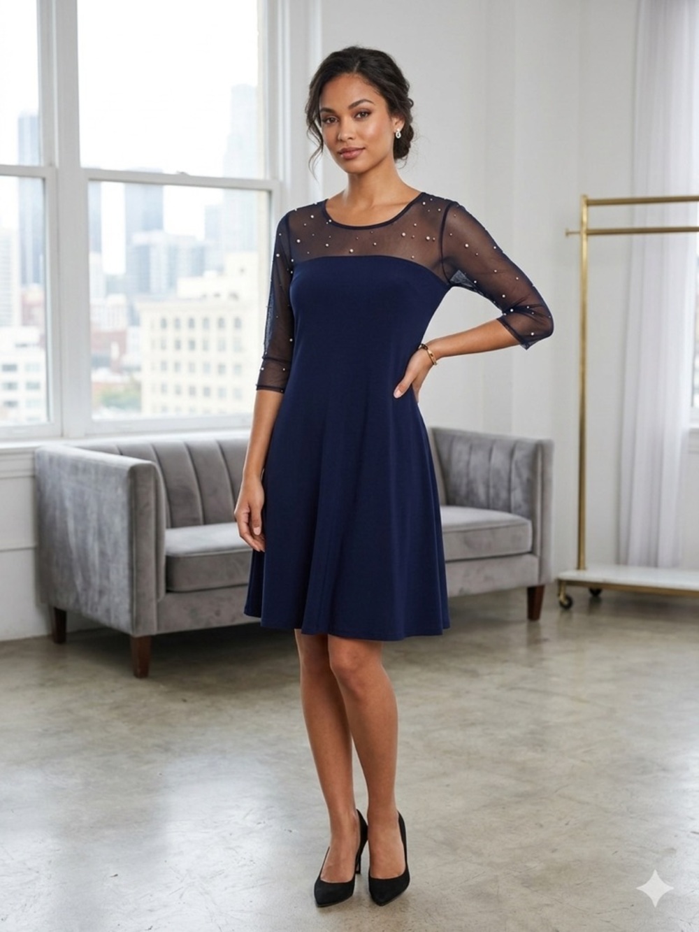 Nina Leonard Navy A-Line Dress Size Small